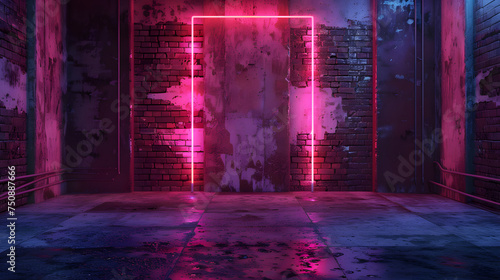 Neon Future: A Modern, Futuristic Scene of Neon Lights Illuminating a Gritty Brick Wall Room in 3D Rendering