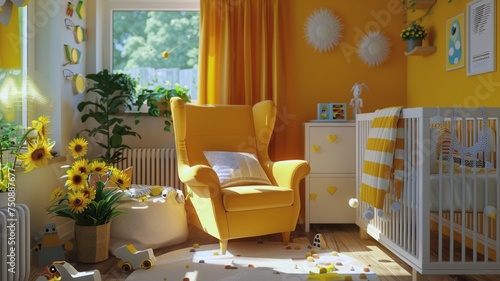 Sunlit baby's room with playful colors and comfortable furniture provides a cheerful space