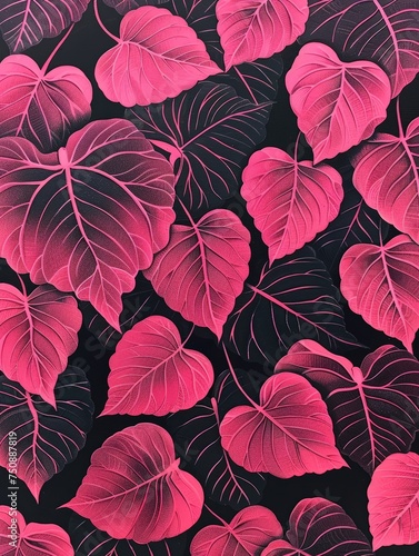Detailed view of a pink and black background featuring various leaves in close proximity, creating a dynamic and textured composition.