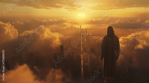 Jesus Christ Watches Over a Modern City at Dawn. Christianity and the Return of Jesus.