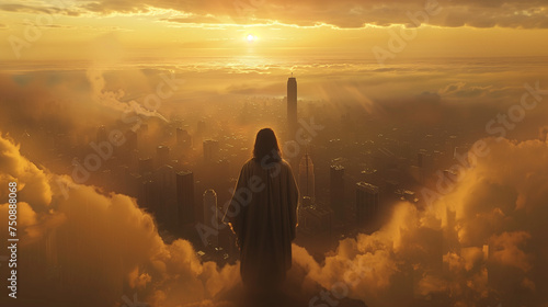 Jesus Christ Watches Over a Modern City at Dawn. Christianity and the Return of Jesus.