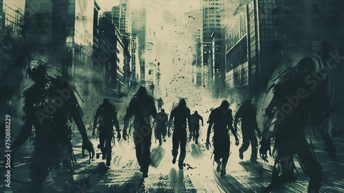 Fantasy Horror scene horde of zombies walking along road in the city