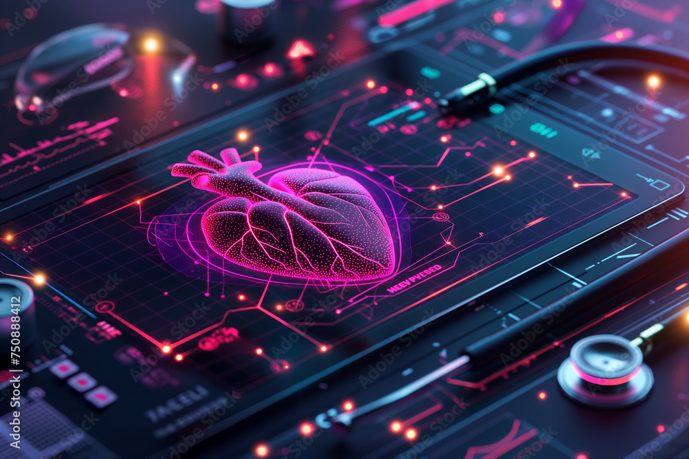 Futuristic medical research, heart cardiology healthcare with infographic biometric vital elements diagnosis for clinical services.