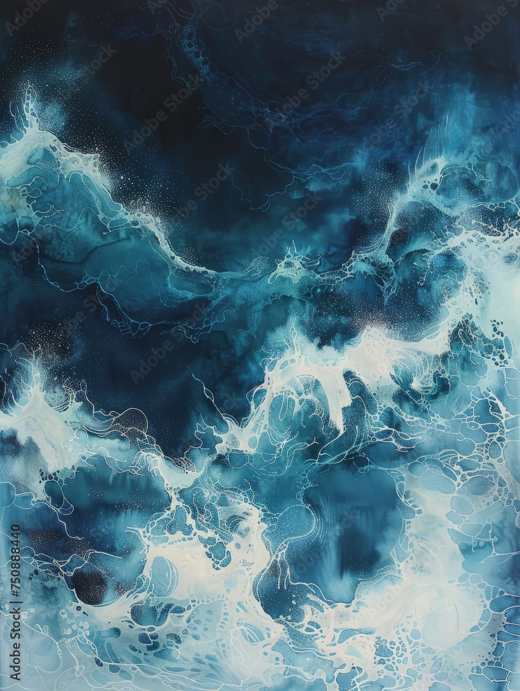 A painting featuring blue and white waves crashing against each other on a stark black background, creating a dynamic and contrasting visual effect.