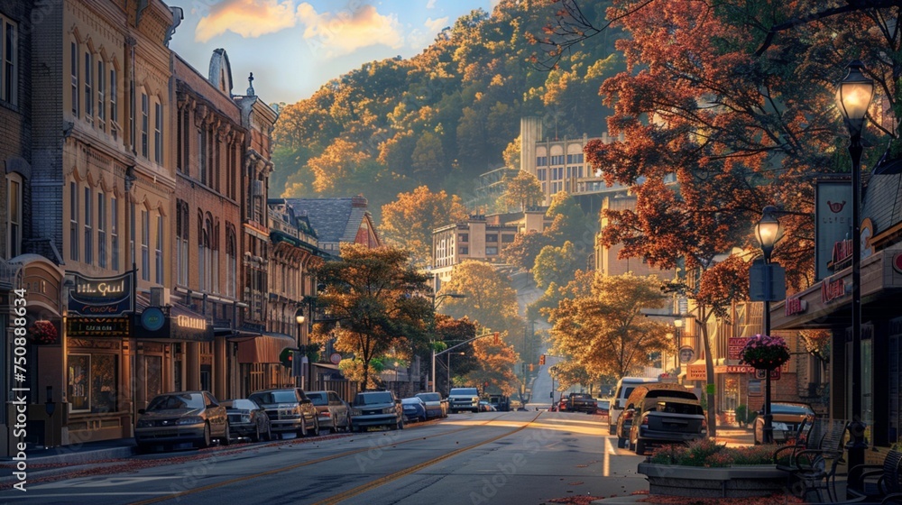 Experience the serene townscape of Hot Springs, Arkansas, USA, where the soft evening light bathes the historic architecture in a warm glow, creating an atmosphere of peace and tranquility