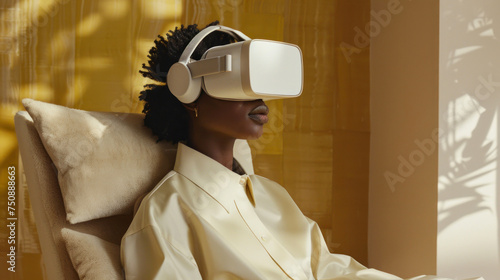 The image showcases a person enjoying a VR session in a classy, sunlit setting, radiating luxury and tranquility photo