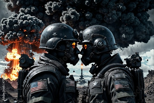 Two soldiers are kissing each other in front of a large explosion