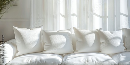 Serene couch adorned with pristine white cushions in bright natural light