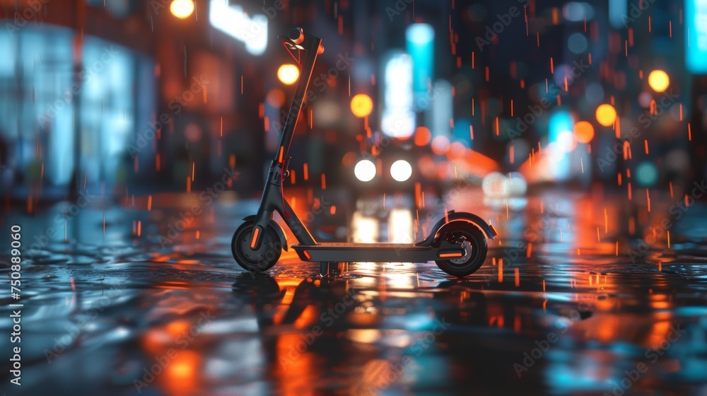 Electric scooter on rainy city street, reflective surface, urban transport, night, modern mobility