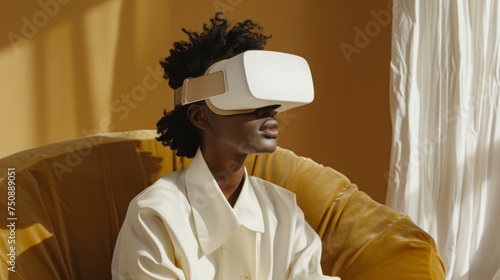 A serene setting as a person enjoys a VR experience, comfortably seated and deeply immersed in it