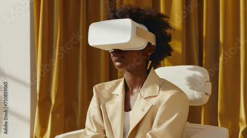 Elegantly dressed in a white suit, a woman is experiencing high-end virtual reality technology in a well-designed interior