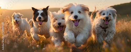 A lively group of furry friends joyfully frolics in a field. Concept Pets Photo Shoot, Pet Portraits, Pet Photography, Outdoor Pet Fun, Pet Playtime