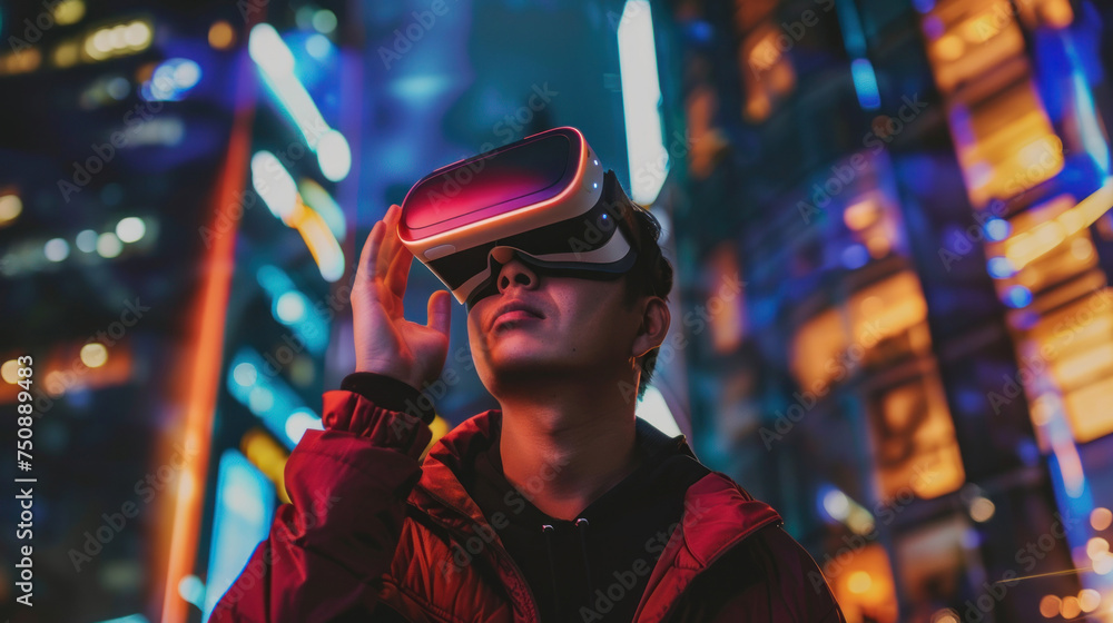 An adventurer stands against a backdrop of towering city structures while engrossed in a VR headset, blending reality with digital