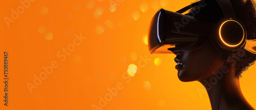 A silhouette of a person wearing VR equipment stands against a warm orange background with bokeh effect