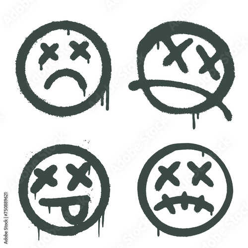 Set of grunge dead emojis painted with spray paint