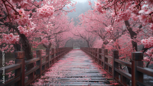 Beautiful pink cherry trees blooming extravagantly at the end of a wooden bridge in Park, Japan, Spring scenery of Japanese countryside with amazing sakura (cherry) blossoms.