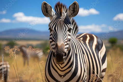 Elegant zebra displays her stripes in the African savannah.  generative IA