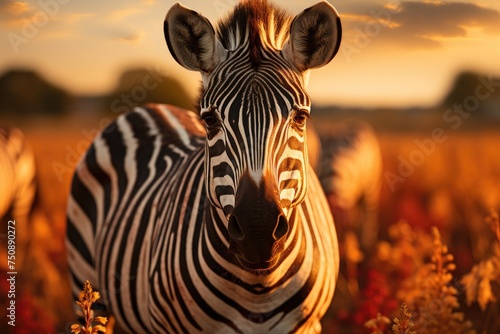Zebra stands out in a group of wild animals in the savannah.  generative IA