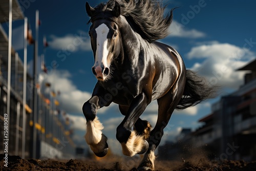 Horse jumping with grace on the equestrian track., generative IA