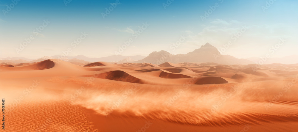 Fototapeta premium Desert dunes: Sand dunes stretch across the horizon, creating a lonely yet beautiful scenery.