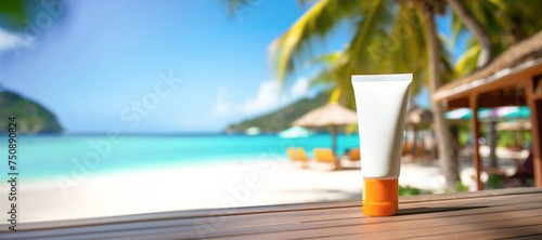 A tube of sunscreen lotion provides essential UV protection for a beach vacation under the summer sun.
