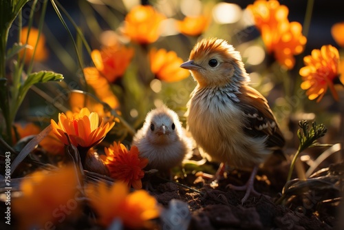 Chicken and chicks explore the backyard., generative IA