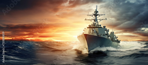 a warship sails on the tranquil waters of the ocean, its silhouette cutting through the horizon as it stands ready for battle, symbolizing the might and strength of the navy. photo