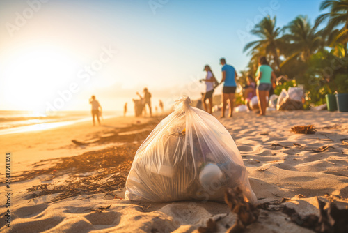A group of people are walking on a beach, picking up and cleaning the trash and plastic waste