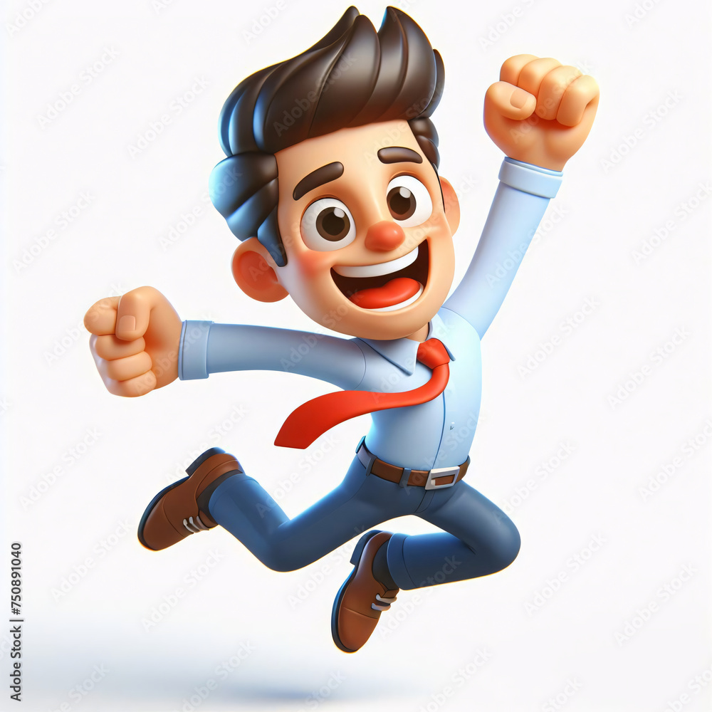 Animated businessman in 3D cartoon style jumps with joy, bright colors, exaggerated features, detailed textures concept art, generative AI. Animated businessman in 3D cartoon style jumps with joy, bright colors, exaggerated features, detailed textures concept art, generative AI.