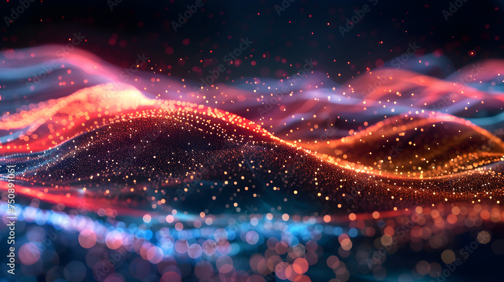 a dark background with orange, red and blue 'wave's, in the style of 32k uhd, dreamy atmosphere a dark background with orange, red and blue 'wave's, in the style of 32k uhd, dreamy atmosphere