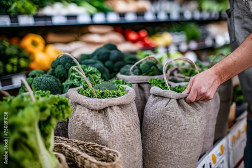 Eco-Friendly Grocery Shopping with Burlap Bags Full of Fresh Kale
 photo