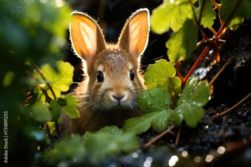 Rabbit enjoying fresh green leaves., generative IA