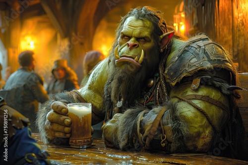Orc ogre sitting in a tavern relaxing while drinking in a wooden cup, aggressive, ugly, and malevolent race of fantasy monsters © Salsabila Ariadina