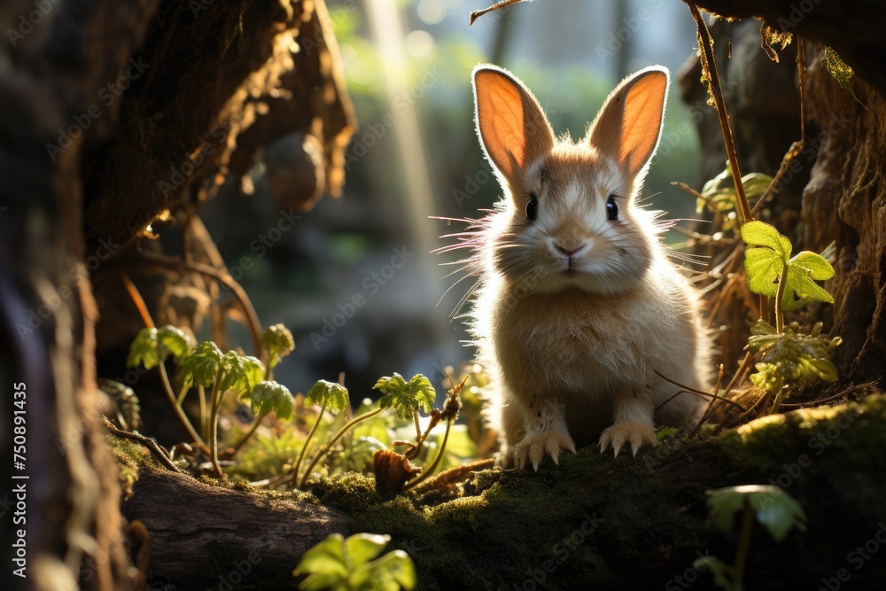 White rabbit watching in the den, generative IA White rabbit watching in the den, generative IA