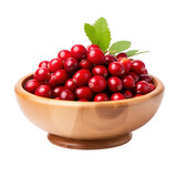 Red cranberry in a wooden plate isolated on transparent background