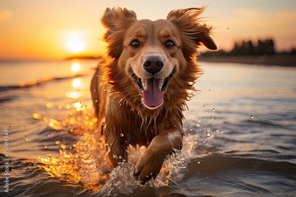 Golden dog running freely on a deserted beach., generative IA