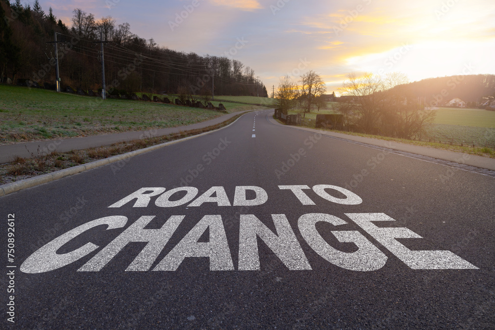 Road to Change written on road. Concept of start straight and beginning for cooperation. Start text on the highway road concept for planning and challenge or career path.