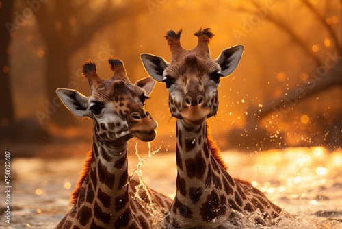 Giraffes dancing in the African savannah., generative IA © JONATAS