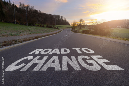 Road to Change written on road. Concept of start straight and beginning for cooperation. Start text on the highway road concept for planning and challenge or career path.