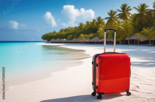 red suitcase on a sandy beach near the blue sea against the background of palm trees © Ruslan Russland