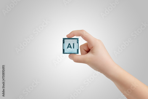 Hand holding AI chip. Symbolizing advancements in ai technology and machine learning development