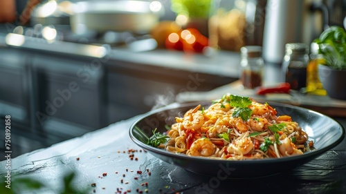 Savory stir-fried noodles with shrimp garnished with fresh herbs in a gourmet setting.