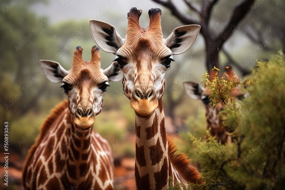 Fototapeta premium Giraffes are sheltered under rain tree., generative IA