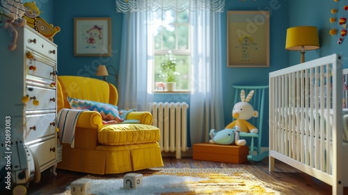 Sunlit baby's room with playful colors and comfortable furniture provides a cheerful space