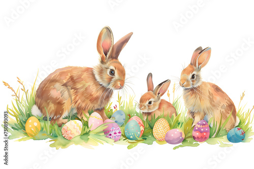 Watercolor Illustration of Rabbits with Easter Eggs in Grass - Isolated on White Transparent Background    © Lumi