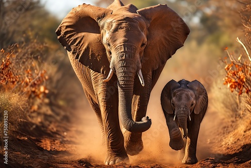 Elephant baby stumbling behind mother in the savannah.  generative IA