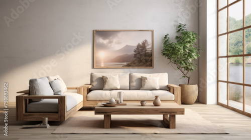 A modern living room with a sustainable sofa, armchair and side table made from natural materials