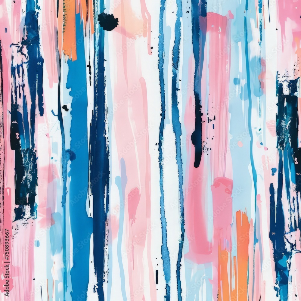An abstract painting showcasing a vibrant mix of blue, pink, and orange colors in expressive brush strokes and patterns on a canvas.
