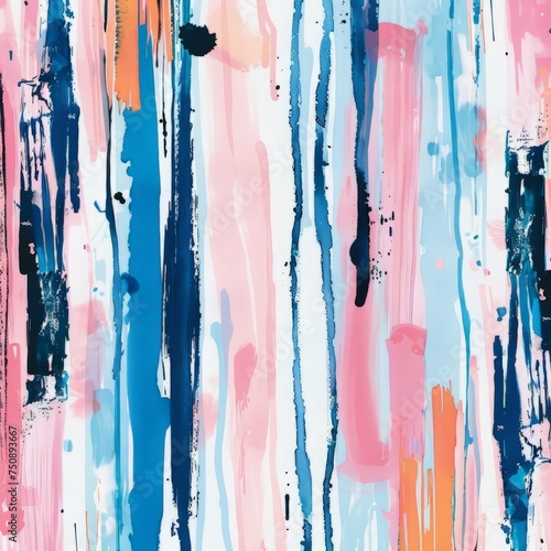 An abstract painting showcasing a vibrant mix of blue, pink, and orange colors in expressive brush strokes and patterns on a canvas.
