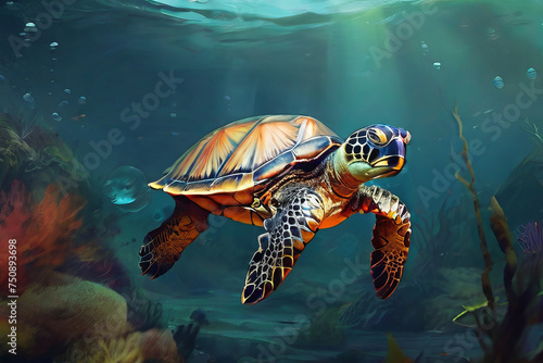 Turtle in the sea graphic, underwater world